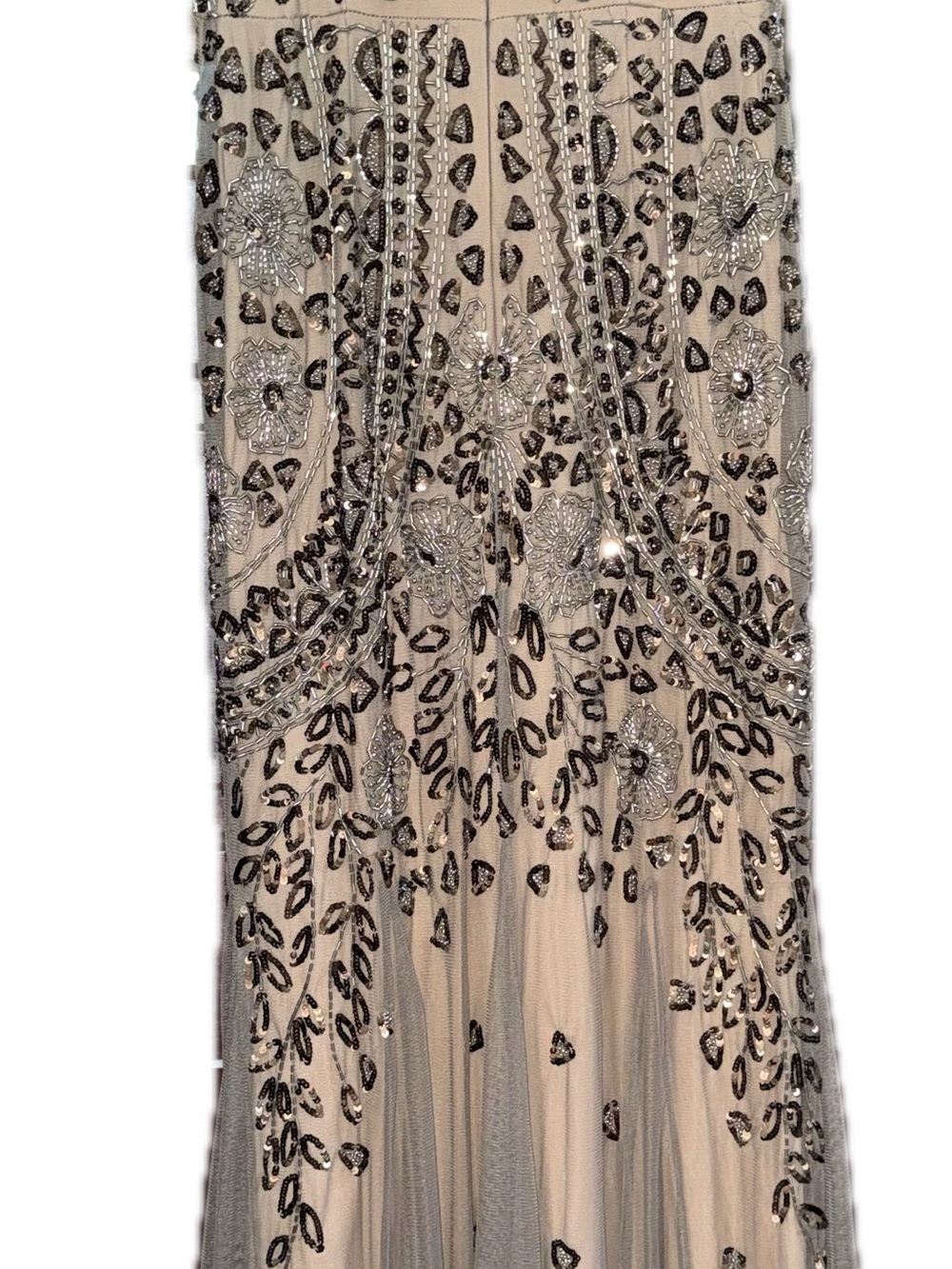 Oleg Cassini Gatsby Beaded & Sequin Mesh Evening Gown - Taupe Size 6